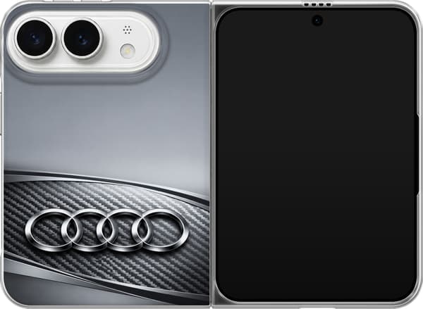 Kompatibelt Mobilskal till Apple iPhone Duo Audi – Silverfärgade ringar – Fyra silverfärgade ringar ovanför grå och svarta diagonala linjer på grå ba grå