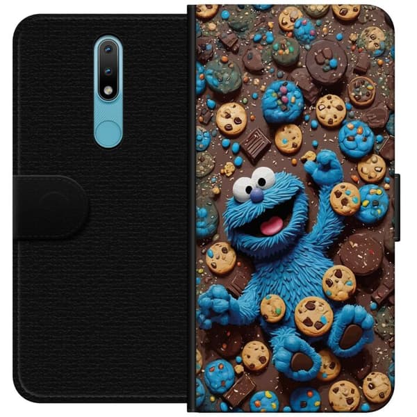 Kompatibelt Plånboksfodral till Nokia 2.4 Lekfull blå tecknad figur omgiven av kakor blå