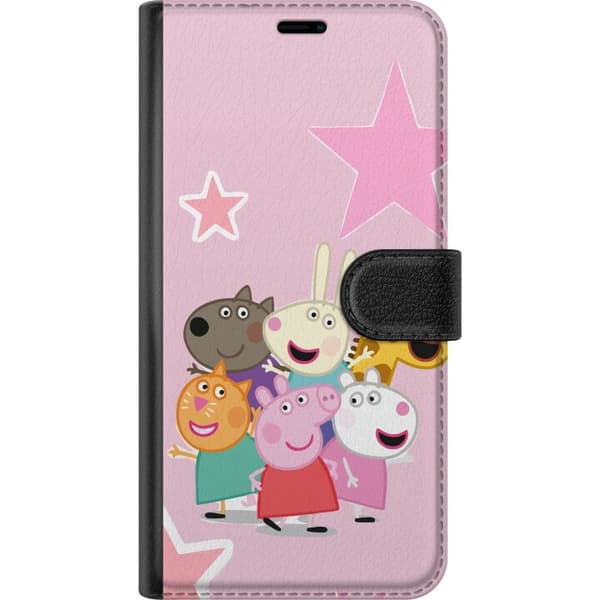 Kompatibel Tegnebogsetui til Apple iPhone 12 mini Gurli Gris og venner samlet med stjerner på lyserød baggrund, farverig børneillustration