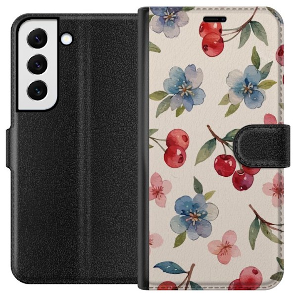 Samsung Galaxy S22+ 5G Plånboksfodral Bär & Blommor – mönster med blå blommor och skogsbär