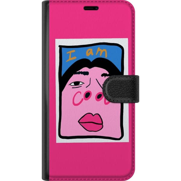Kompatibel Tegnebogsetui til Apple iPhone 16 Pro Max Legesygt lyserødt ansigt med teksten I Am Cool mod en stærkt lyserød baggrund pink