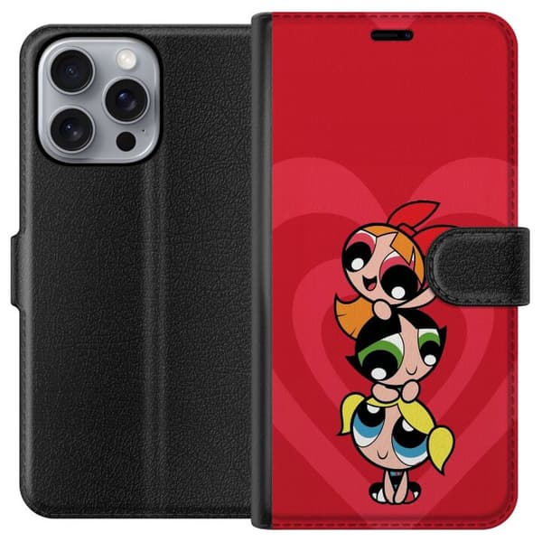 Kompatibel Tegnebogsetui til Apple iPhone 16 Pro Max Powerpuff Pigerne sammen på en rød hjertebaggrund rød