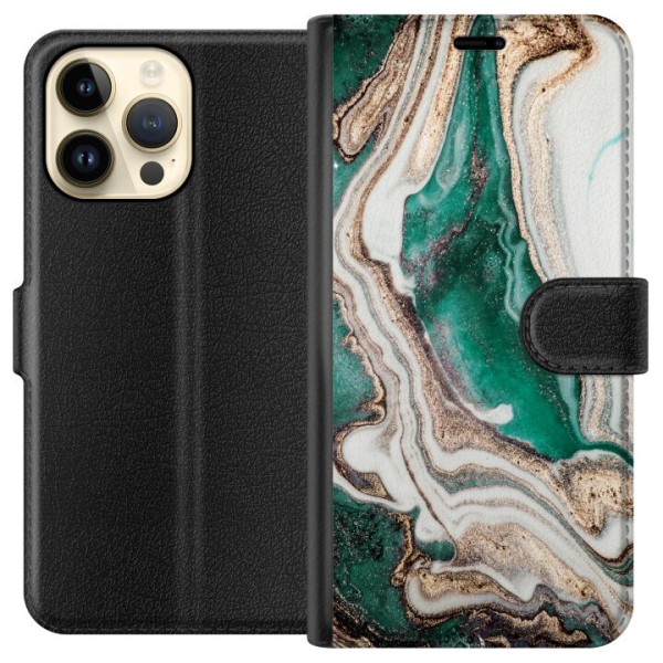 Apple iPhone 14 Pro Max Plånboksfodral Grön / Guld marmor