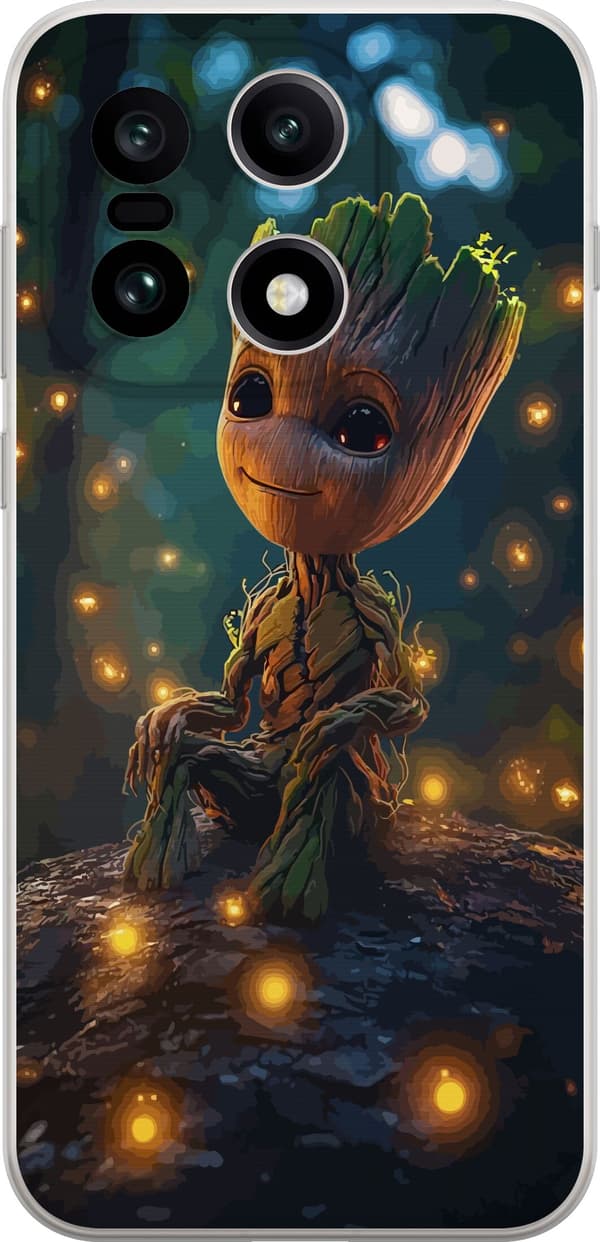 Kompatibelt Mobildeksel til OnePlus 15 Groot på en gren blant lysende lyspunkter i en mørk skog brun