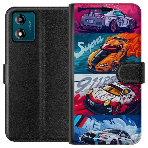 Motorola Moto E13 Lommeboketui Fartfylte Biler - Tegnet Mønster med Action