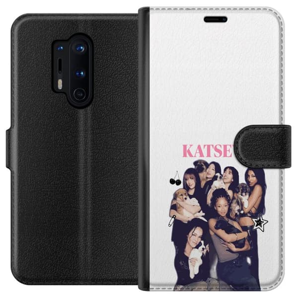 Kompatibel Tegnebogsetui til OnePlus 8 Pro Collage med pigegruppe og søde hundehvalpe sammen med lyserød tekst og dekorative symboler hvid
