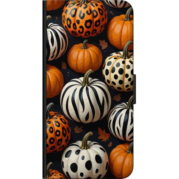 Kompatibel Tegnebogsetui til Xiaomi Redmi Note 9 4G Efterårsmotiv med orange og hvide græskar dekoreret med leopard-, zebra- og prikkemønstre orange