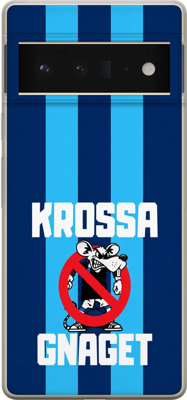 Kompatibelt Mobildeksel til Google Pixel 6 Pro Blåstripet rivalitet - Hvit supporterslogan og en liten figur i et rødt forbudsskilt på blåstripet bak blå