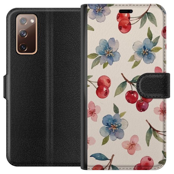 Samsung Galaxy S20 FE Lompakkokotelo Marjat & Kukat - kuvio, jossa on sinisiä kukkia ja metsänmarjoja