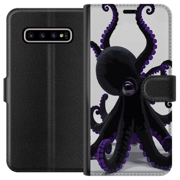 Kompatibel Tegnebogsetui til Samsung Galaxy S10+ Sort blæksprutte med lilla detaljer i et elegant havtema mod en lys baggrund sort
