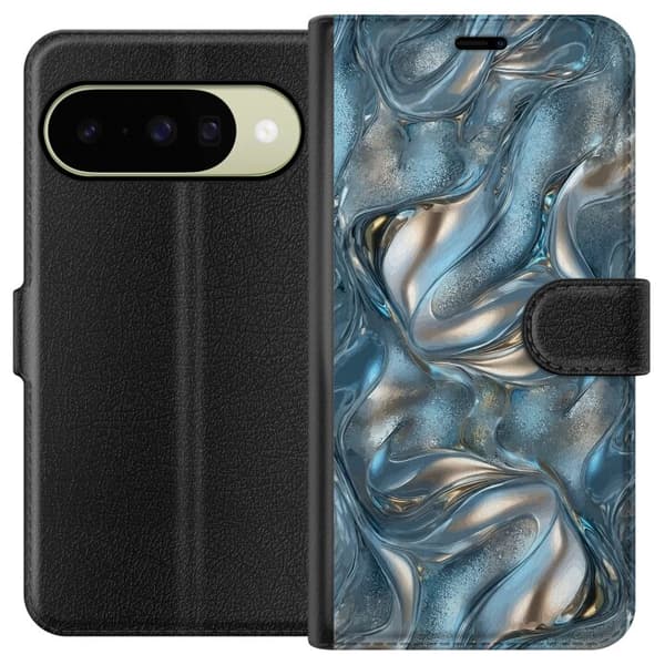 Kompatibelt Plånboksfodral till Google Pixel 11 Abstrakt flytande krom i silver och blå metallic-effekt silver