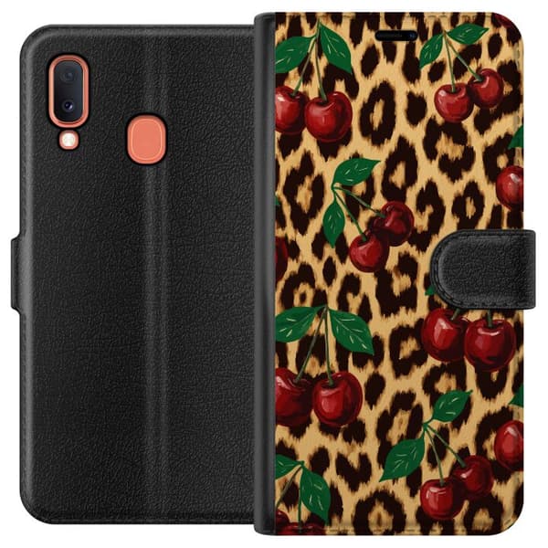 Kompatibel Tegnebogsetui til Samsung Galaxy A20e Kirsebær leopardmønster kirsebærtryk leopardbaggrund retro rockabilly pinup-stildesign