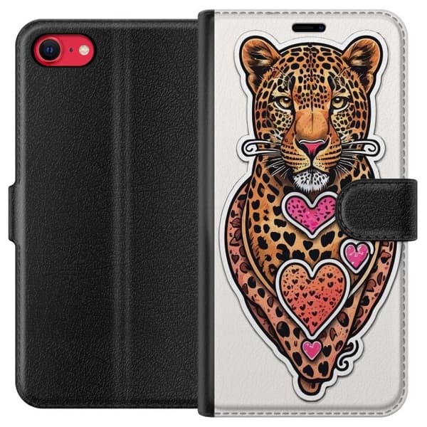 Kompatibel Tegnebogsetui til Apple iPhone SE (2020) Illustreret leopard med lyserøde og orange hjerter, sorte pletter og dekorative detaljer orange