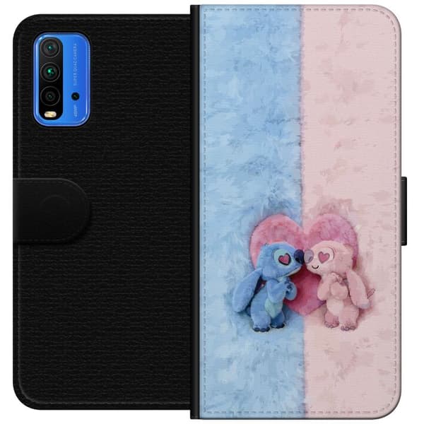 Kompatibel Tegnebogsetui til Xiaomi Redmi Note 9 4G Søde blå og lyserøde figurer foran et stort lyserødt hjerte pink