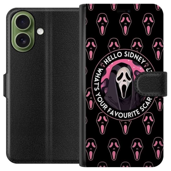 Kompatibel Tegnebogsetui til Apple iPhone 18 Sort og rosa skrækmotiv med maskerede figurer og teksten Hello Sidney sort