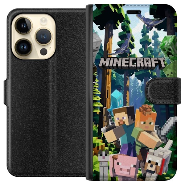 Apple iPhone 14 Pro Lompakkokotelo Minecraft-matkapuhelinkotelo metsällä ja pikselityylisillä hahmoilla