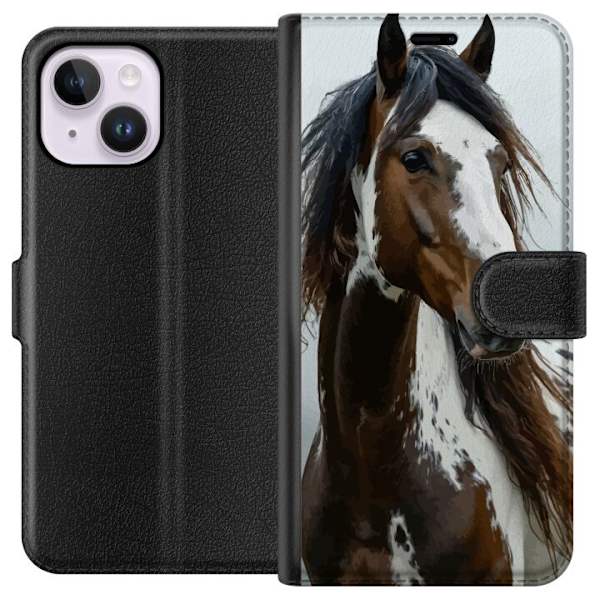 Apple iPhone 14 Plus Plånboksfodral Häst Djurmotiv Grafisk Design Natur Kraftfullt Motiv Populär Väggkonst Djurtema Ridning