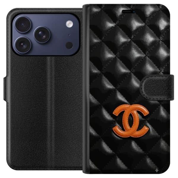 Kompatibel Tegnebogsetui til Apple iPhone 17 Pro Sort quiltet lædermønster med orange emblem og eksklusivt design sort