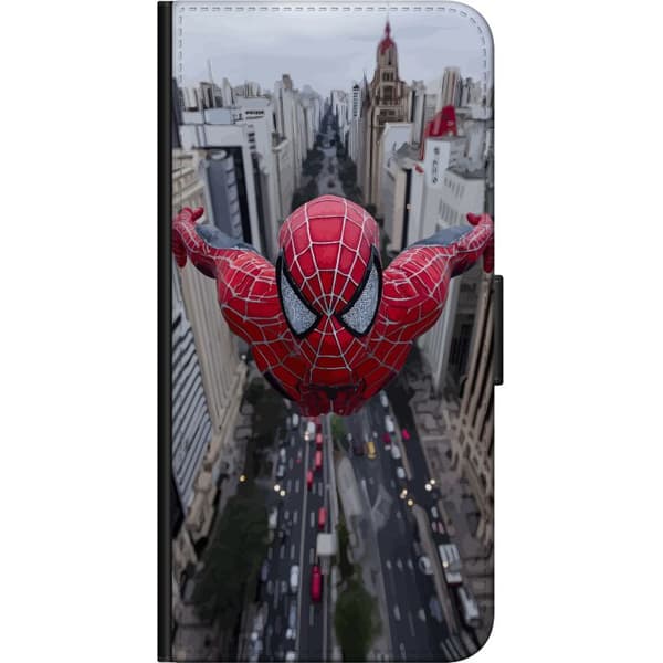 Kompatibelt Plånboksfodral till OnePlus 9 Pro Spiderman flyger över stad Marvel superhero action scen city skyline dynamic pose comic hero red suit s