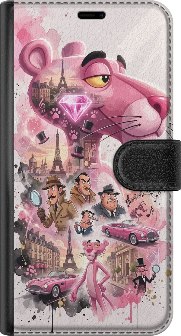Kompatibel Tegnebogsetui til Apple iPhone 6 Den lyserøde panter i en lyserød collage med Eiffeltårnet, biler og detektiver pink
