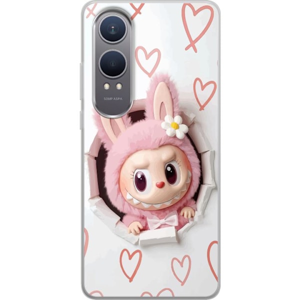OnePlus Nord CE4 Lite Genomskinligt Skal Labubu Hjärtbakgrund Pop Mart Kärlek Tema Figur Design Populärt Motiv Samlarfigur Art Toy Serie