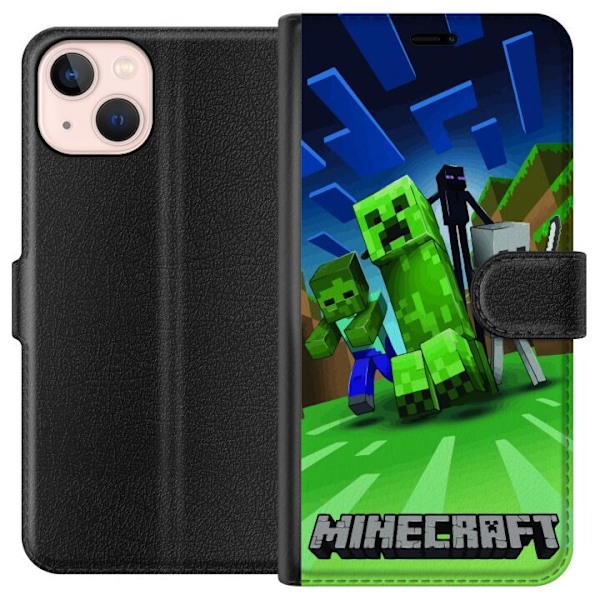 Apple iPhone 13 mini Plånboksfodral Minecraft Creeper mobilskal i klassisk grön pixelstil