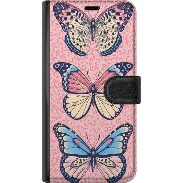 Kompatibel Tegnebogsetui til Apple iPhone 15 Tre dekorative sommerfugle i rosa, blå og beige på en lyserød baggrund med bladmønster pink
