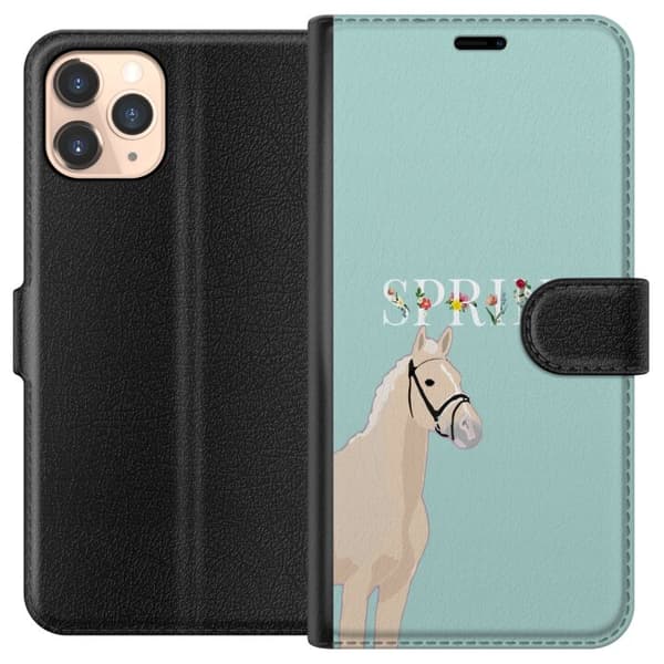 Kompatibel Tegnebogsetui til Apple iPhone 11 Pro Lys hest med blomster og teksten "Spring" på mintgrøn baggrund grøn