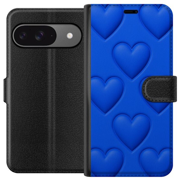 Google Pixel 9 Pro Lompakkokotelo Siniset Sydämet