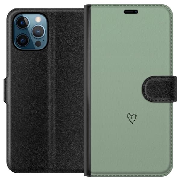 Kompatibel Tegnebogsetui til Apple iPhone 12 Pro Minimalistisk sort håndtegnet hjerte centreret på en rolig lysegrøn baggrund grøn