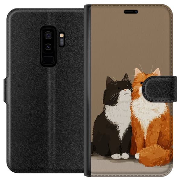Kompatibel Tegnebogsetui til Samsung Galaxy S9+ Illustrerede sort-hvide og orange-hvide katte sammen mod brun baggrund brun