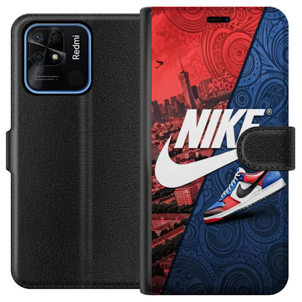Xiaomi Redmi 10C Plånboksfodral Nike Logotyp Röd Blå Sneaker Stil Sport Fashion Populärt Swoosh Motiv Träningskläder Grafisk Ikon