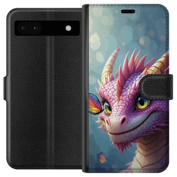 Kompatibel Tegnebogsetui til Google Pixel 6a Nærbillede af en sød lilla drage med store farverige øjne. lilla