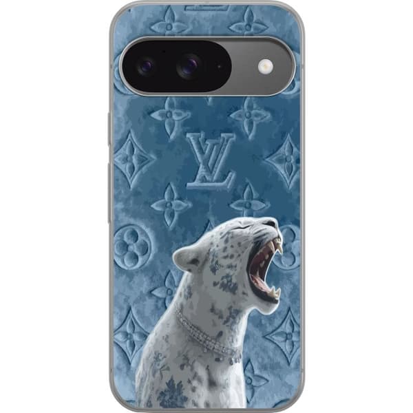 Kompatibelt Mobildeksel til Google Pixel 9 Pro Eksklusiv hvit leopard med blå detaljer og elegant mønstret bakgrunn blå
