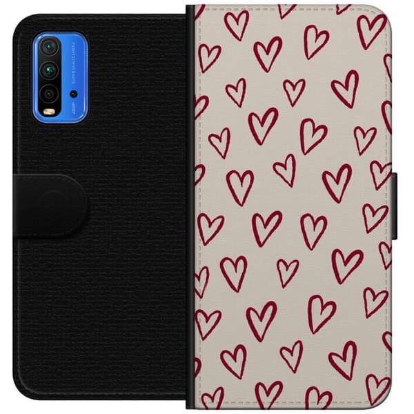 Kompatibel Tegnebogsetui til Xiaomi Redmi Note 9 4G Beigerøde hjerter beige