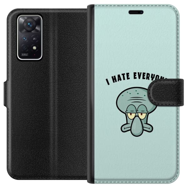 Kompatibel Tegnebogsetui til Xiaomi Redmi Note 11 Pro 5G Tegnet utilfreds blækspruttefigur med teksten I Hate Everyone på lyse turkis baggrund blå