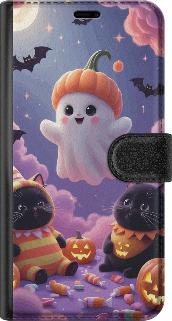 Kompatibel Tegnebogsetui til Xiaomi 11T Hvidt spøgelse med græskarhat blandt sorte katte, græskar og lilla skyer lilla