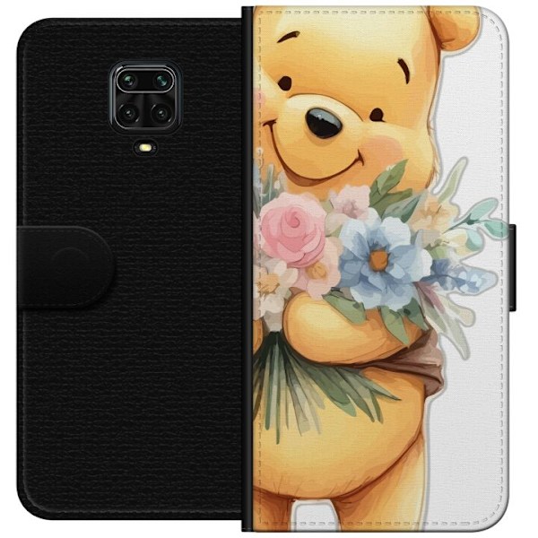 Xiaomi Redmi Note 9 Pro Tegnebogsetui Nalle Puh med blomster - klassisk børnefavorit i en blomstrende forårs miljø