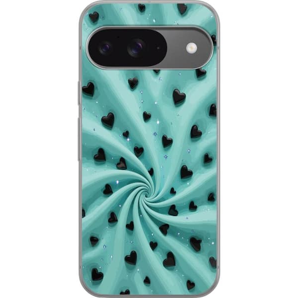 Kompatibel Mobilcover til Google Pixel 9 Pro Turkis hvirvelbaggrund med sorte hjerter og glitrende stjerner turkis