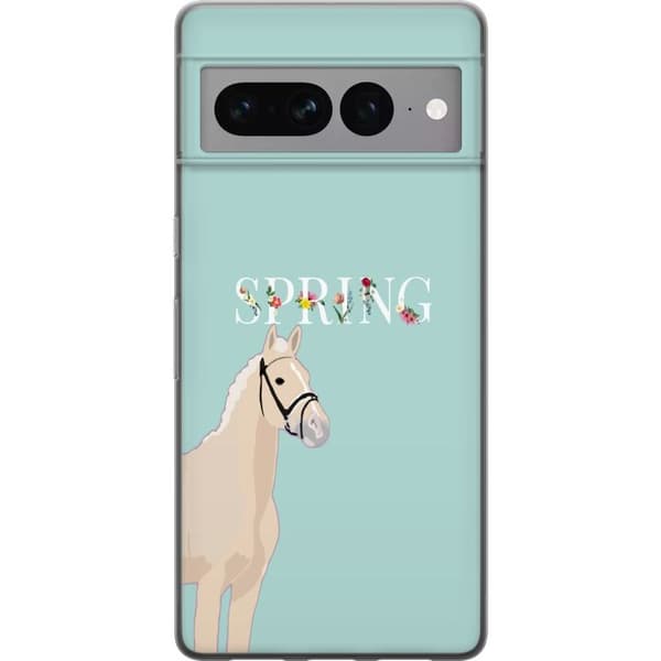 Kompatibelt Mobildeksel til Google Pixel 7 Pro Lys hest med blomster og teksten "Spring" mot mintgrønn bakgrunn grønn