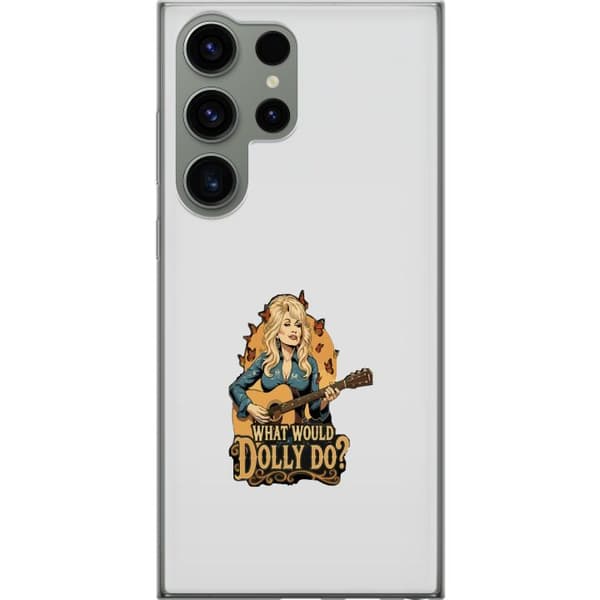 Kompatibelt Mobilskal till Samsung Galaxy S23 Ultra Dolly Parton med gitarr och fjärilar grå