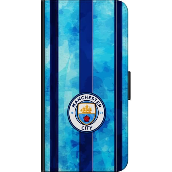 Kompatibel Tegnebogsetui til Xiaomi Redmi Note 9 4G Stort cirkelformet fodboldemblem mod lyseblå og mørkeblå lodrette striber med subtil tekstur blå