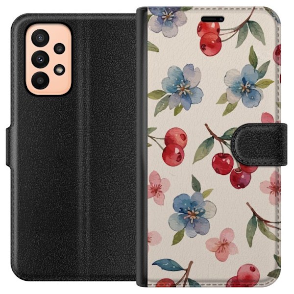 Samsung Galaxy A23 Tegnebogsetui Bær & Blomster - mønster med blå blomster og skovbær