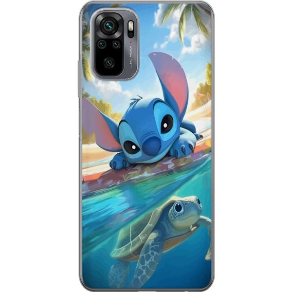 Xiaomi Redmi Note 10 Genomskinligt Skal Stitch med sköldpadda – söt blå alien i tropisk strandmiljö från Disney