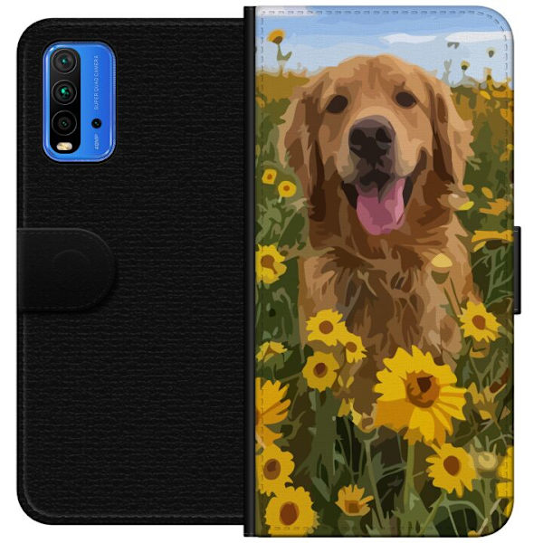 Xiaomi Redmi Note 9 4G Lompakkokotelo Kultainennoutaja Auringonkukkapelto Koiramotiivi Luonto Kesä Suunnittelu Suosittu Koirarotu Perheen suosikki