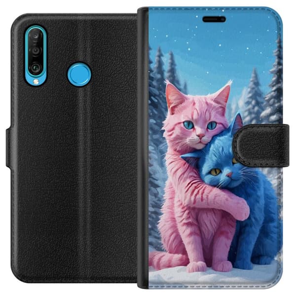 Kompatibel Tegnebogsetui til Huawei P30 lite Søde lyserøde og blå katte, der krammer i sneklædt vinterlandskab blå