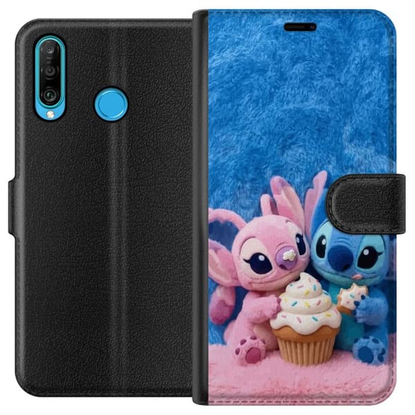 Kompatibel Tegnebogsetui til Huawei P30 lite Søde blå og lyserøde figurer med stor cupcake og krymmel pink