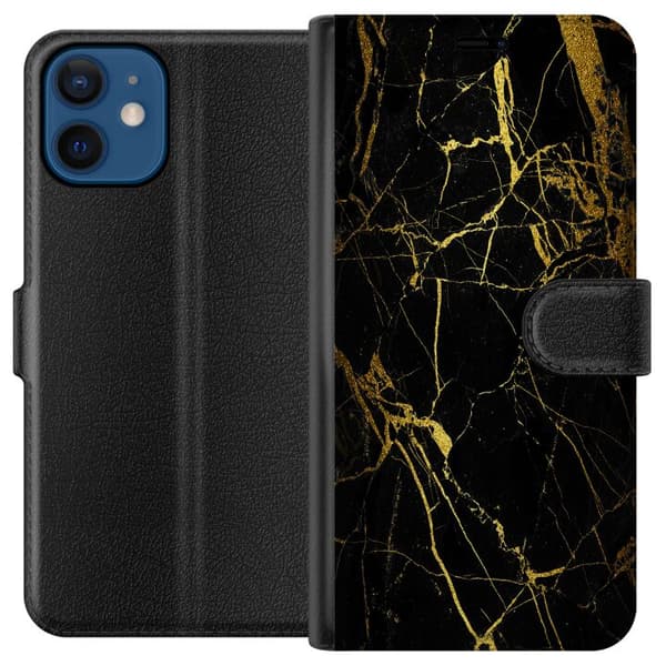 Kompatibel Tegnebogsetui til Apple iPhone 12 mini Marmor Sort & Guld
