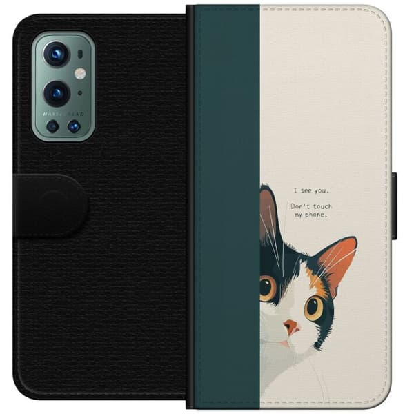 Kompatibelt Plånboksfodral till OnePlus 9 Pro Katt som kikar fram beige