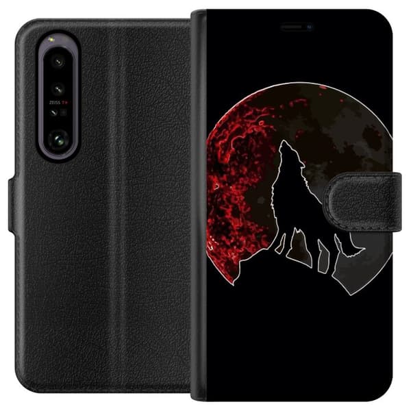 Kompatibel Tegnebogsetui til Sony Xperia 1 IV Sort silhuet af en hylende ulv foran en dramatisk rød måne mod sort baggrund sort